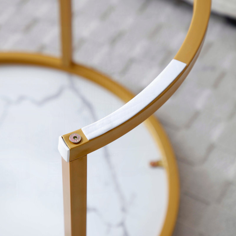 Ensemble de 2 tables basses gigognes rondes avec motif en marbre et cadre doré, Blanc / Gris, Marbre