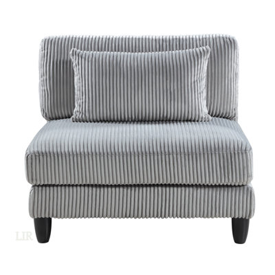 Chaise sans accoudoirs de salon avec revêtement en velours côtelé gris, coussins moelleux et pieds en bois massif pour plus de confort et de style
