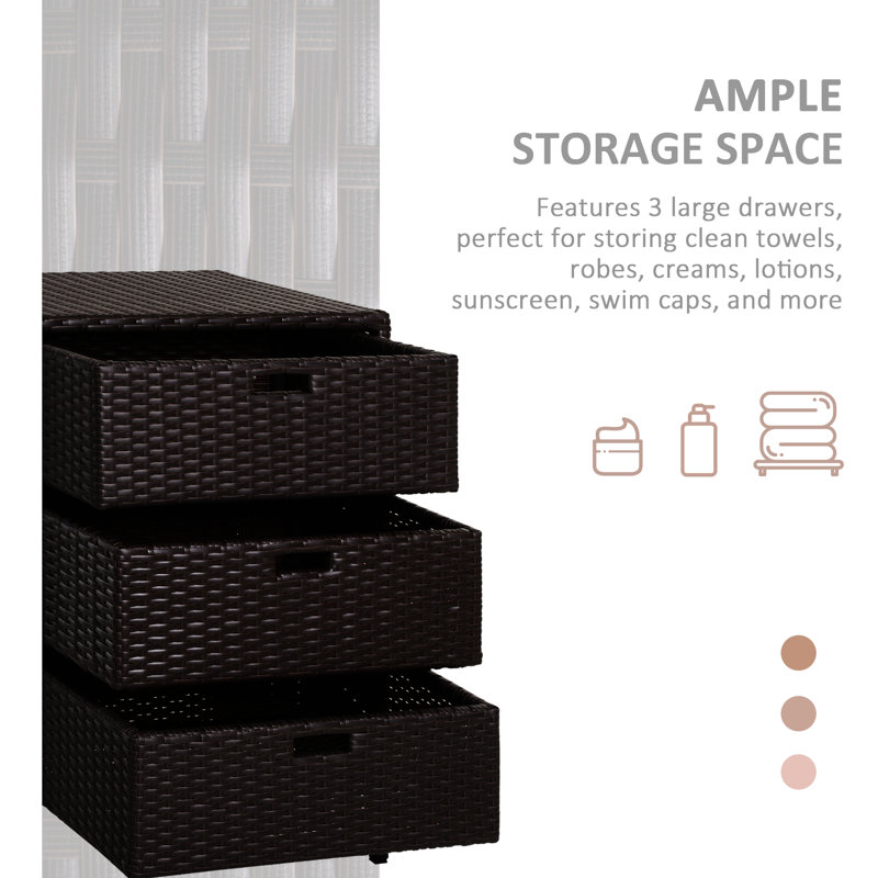 Brown Outdoor Pool Storage Cabinet - 3 Drawer Pe Weather- Organizer Towel With 3