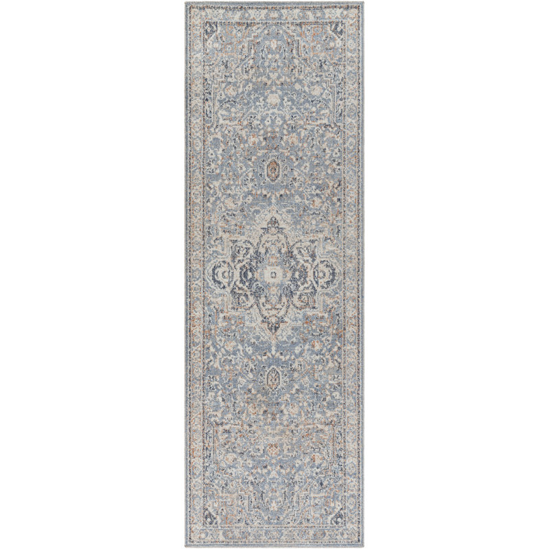 Tapis oriental bleu / beige, Tapis de couloir 2 pi 5 po x 8 pi