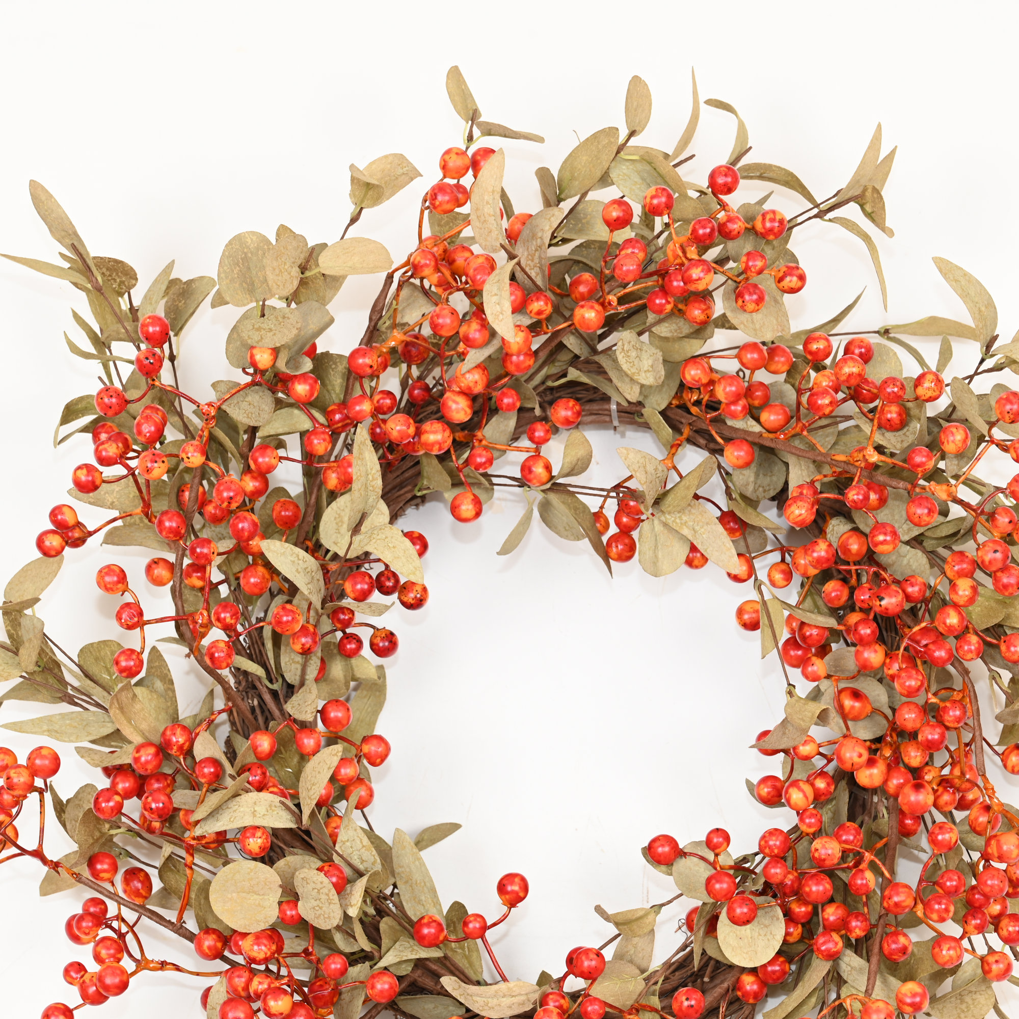 22" Artificial Farmhouse Autumn Foliage Thanksgiving Day Harvest Blossom Cluster Eucalyptus Berry Twig Fall Wreath For Front Door