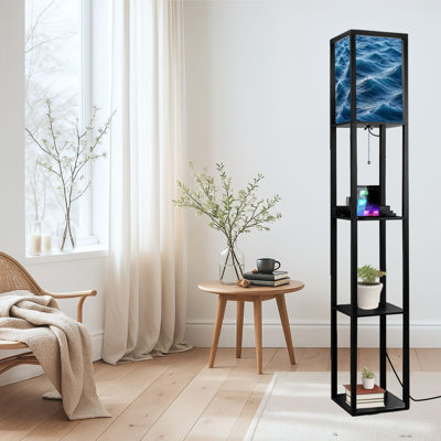Dimmable LED Standing Floor Lamp Ocean Waves Vibrant, MDF Frame Floor Lamp with Remote Control, 3 Color Light, for Living Room Bedroom