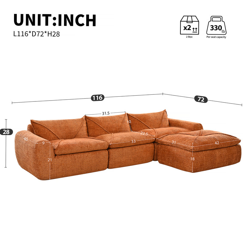 Canapé de 116 po entièrement compressé avec mousse à haute densité, dossier et coussin de siège intégrés, bordure décorative, conception sans pieds sans cadre, aucun assemblage requis, combinaison libre, chenille de particules