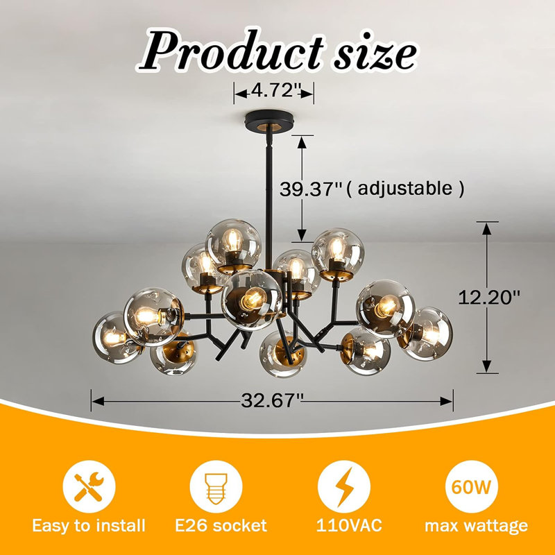 Kyber 12 - Light Dimmable Sputnik Sphere Chandelier, Black
