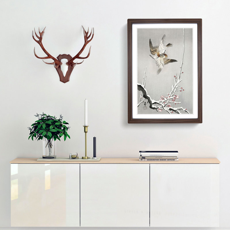 Sparrows and Plum Tree by Ohara Koson - Picture Frame Painting Print, 36cm H x 27cm W x 2cm D, Walnut Framed