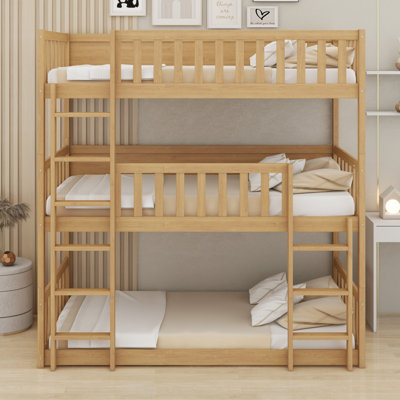 Triple Wood Bunk Bed, With Ladders, Guardrails