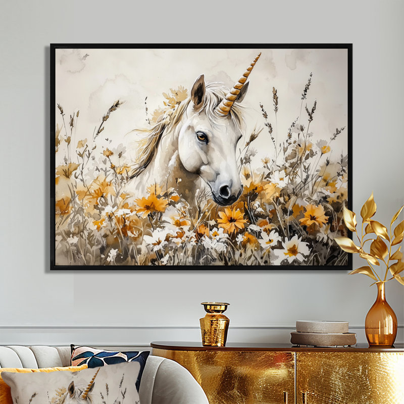 Décoration murale licorne dans la prairie fleurie I - licornes, H 24 po x l 32 po, Noir
