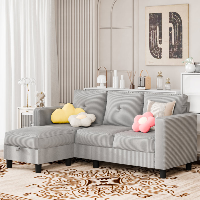  Aadvik 76.4" Upholstered Sofa Chaise, Light Gray Corduroy