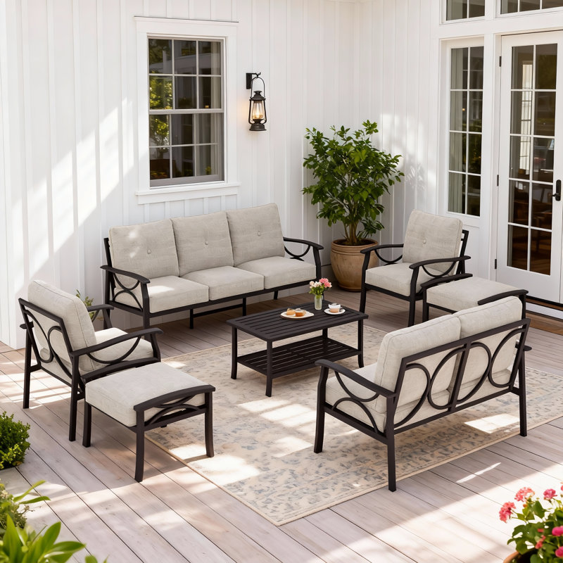 Outdoor Furniture Set with 4" Cushions, 9-Person All-Weather Metal Frame Patio Furniture Set, 7-Piece Outdoor Patio Set with Ergonomic Back Support