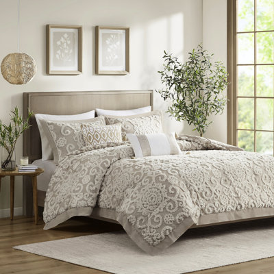 Très grand édredon très grand taupe avec broderie en chenille 100% coton et 2 taies décoratives pour très grand lit