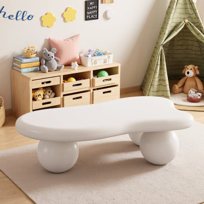 Table basse de 40 pouces en forme de nuage avec 3 pieds sphériques pour le salon, blanc crème, 11.7" H x 40" L x 26.8" "W