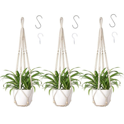 3Pcs Macrame Plant Hanger Indoor Hanging Planter Basket with Wood Beadsand Hooks Decorative Flower Pot Holder No Tassels for Indoor Outdoor Boho Home Decor 35 Inch, Ivory, Set of 3 (POTS NOT Included)