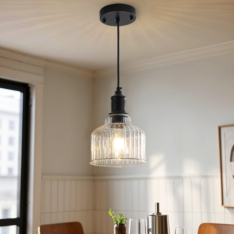 Black Ribbed Glass Adjustable Pendant Light