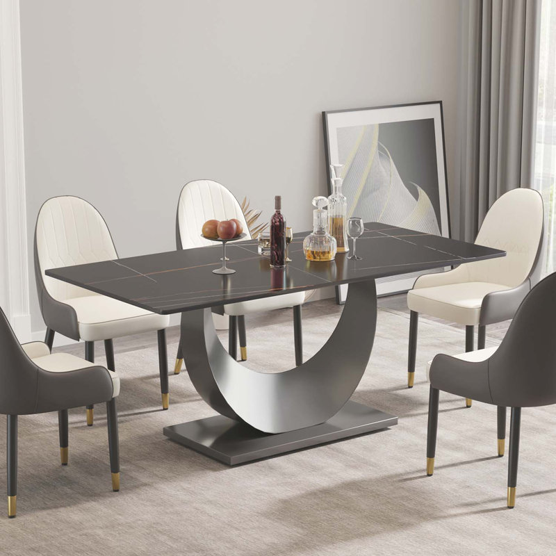 Kentrez Stone Top Metal Base Dining Table, Black, 35.4" W x 70.87" L