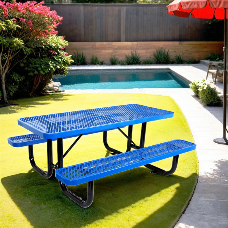 6 pi Table de pique-nique rectangulaire en acier pour l'extérieur, Bleu