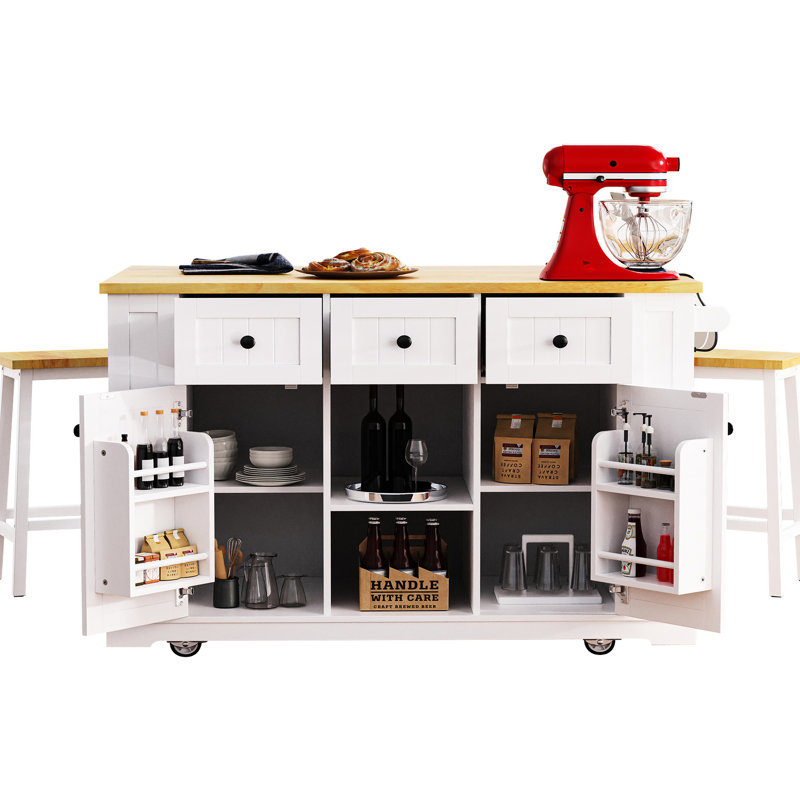 53" Kitchen Island With 2 Stools, Power Supply Insertion, 5 Mobile Shelving Unit, Internal Storage Rack, Drop Leaf, 3 Drawers For Luxury & Dining, White 53Inch Bar Electrical Outlet Interface,