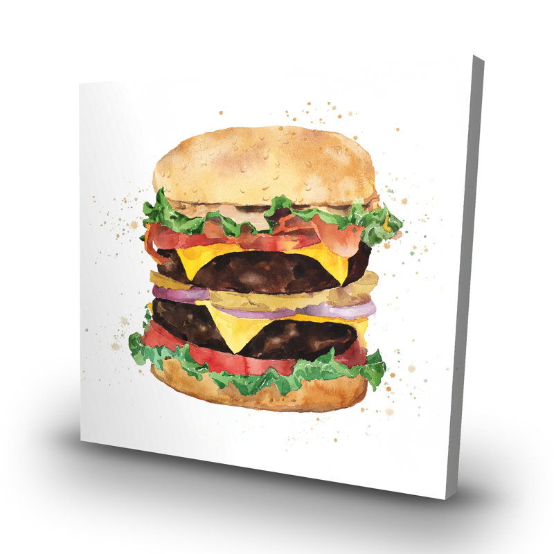 Watercolor all dressed double cheeseburger - 32"x32" art on canvas