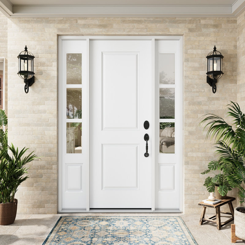 Entry Front Exterior Fiberglass Door 32" x 80" Primed White 2-Panel Prehung Door Fixed Double Sidelite White 3-Lite Clear Glass Door With Jamb, Left-Hand Inswing (Not Included Hardware Kit)