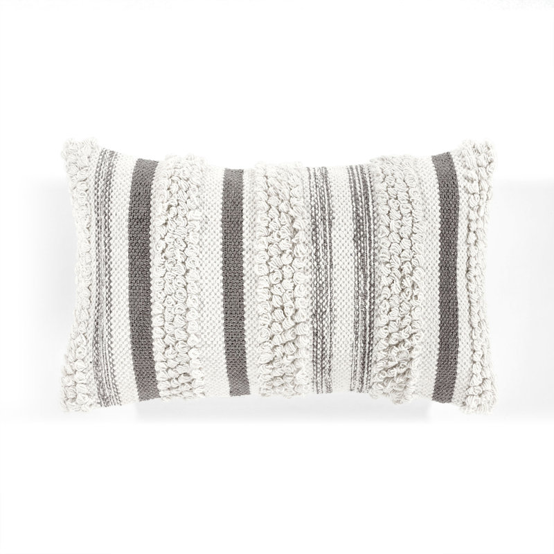 Gray and White Cotton Embroidered Rectangular Throw Pillow
