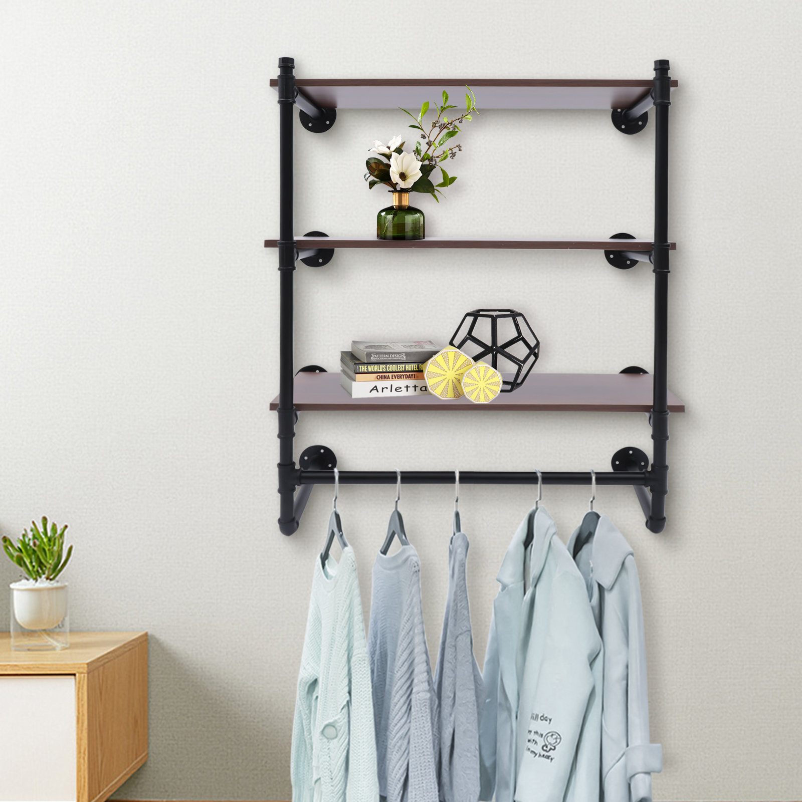 Industrial Pipe Clothes Rack with 3Extra Hooks 41''L Wall Mounted Floating  Shelf