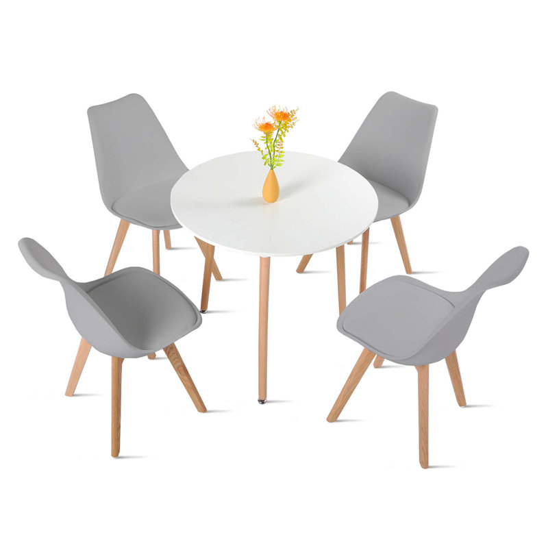 Christy 4 Person Dining set - a Round Plastic Dining Table with Wooden Legs and a Set of 4 Faux Leather Cushion Padded Dining Chairs for Dining Room - Modern Dining Table Set