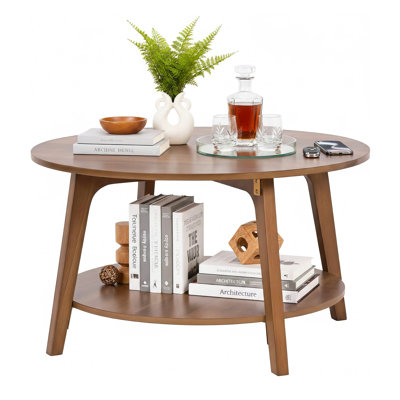 Round Coffee Table With Storage Small Space Wooden Coffee Table 2-Tier Center Table With Tapered Legs And Curved Transitions For Home Office Living Ro