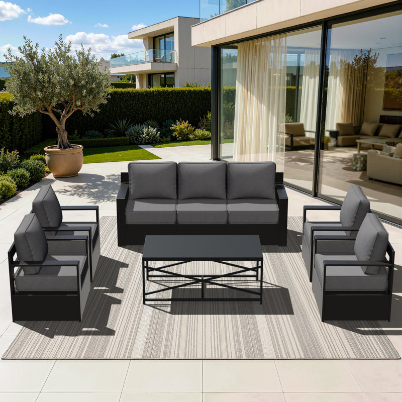 Ensemble de conversation de patio d'extérieur 6 pièces avec canapé, chaises et table basse Abdullah, coussin beige, Beige
