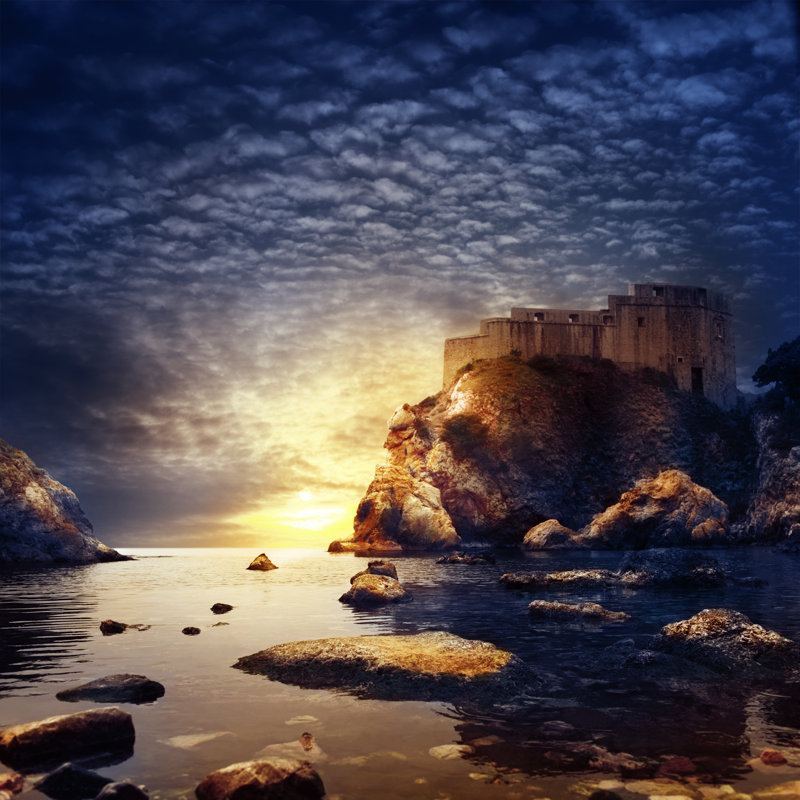 Coucher de soleil avec l'ancienne forteresse par O-Che, H 36 po x l 36 po