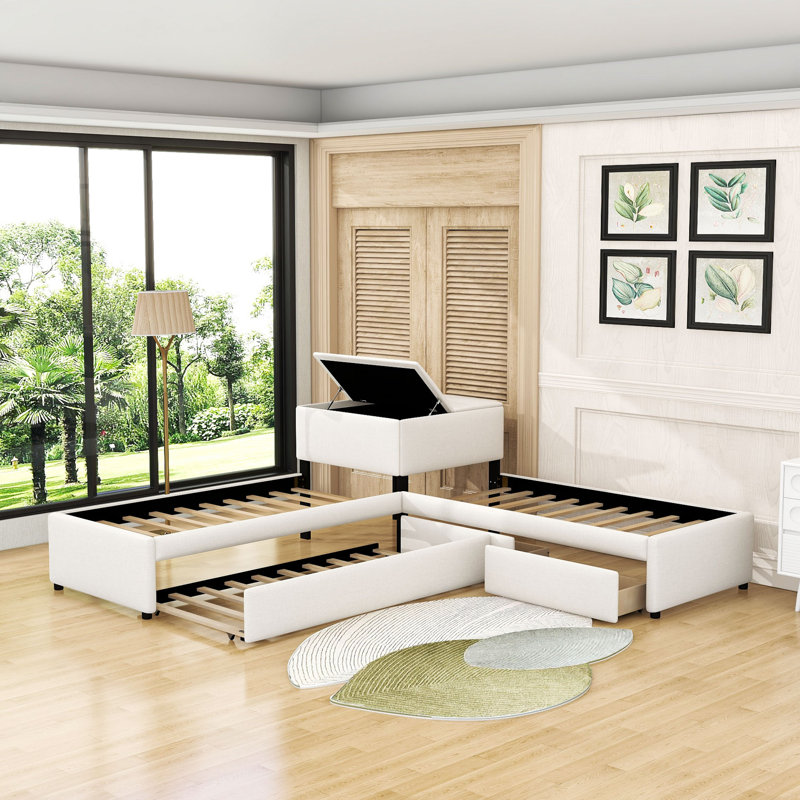 Lit plateforme tapissier avec lit gigogne, bureau intégré et 2 tiroirs de rangement