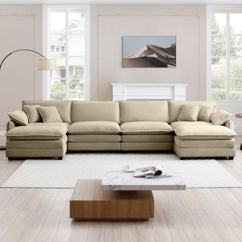 Kaoruko Over Size U Shape Corduroy Sofa , Modern Upholstered 4 Seater Sofa With 2 Ottomans, Premium Soft Corduroy Fabric Sofa