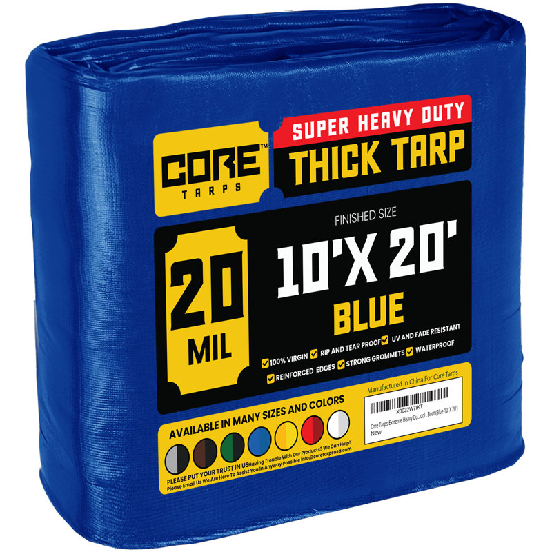 Bâche en polyéthylène robuste de 20 mil, imperméable et résistante aux rayons UV, Bleu, 10 pi x 20 pi