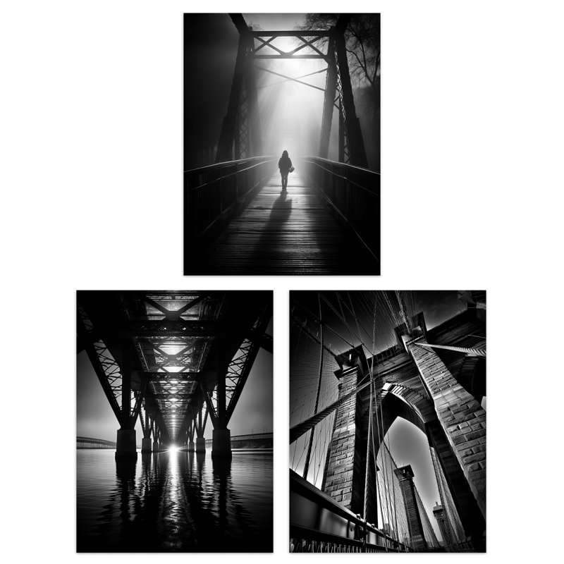 Black White Bridges Atmospheric Photographs Different Angles - 3 Piece No Frame Print Set, 40.5cm H x 30.5cm W x 0.3cm D