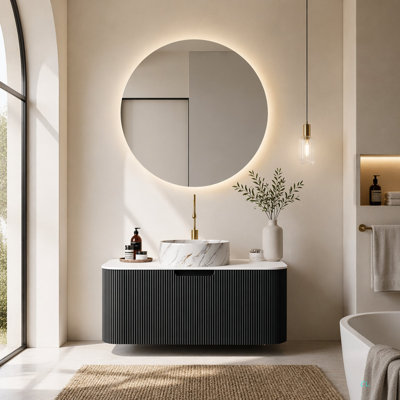 Meuble-lavabo de salle de bain à bords arrondis flottant avec tiroir et lavabo rond en céramique avec motif de pierre, pré-assemblé