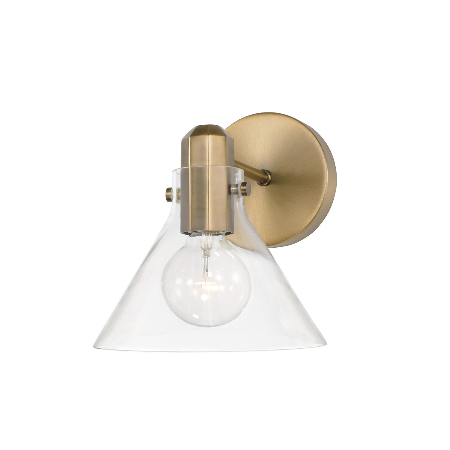 Single Light Glass Dimmable Armed Sconce, Aged Brass