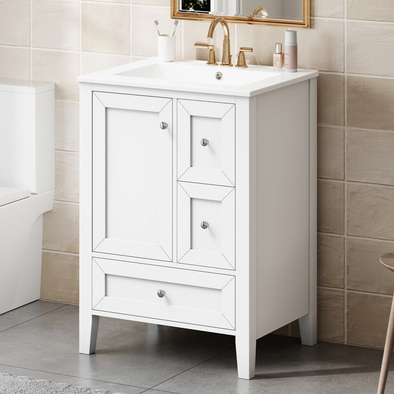 Meuble-lavabo autoportant avec rangement à 3 tiroirs Roomfitter 24 po avec lavabo, blanc, White