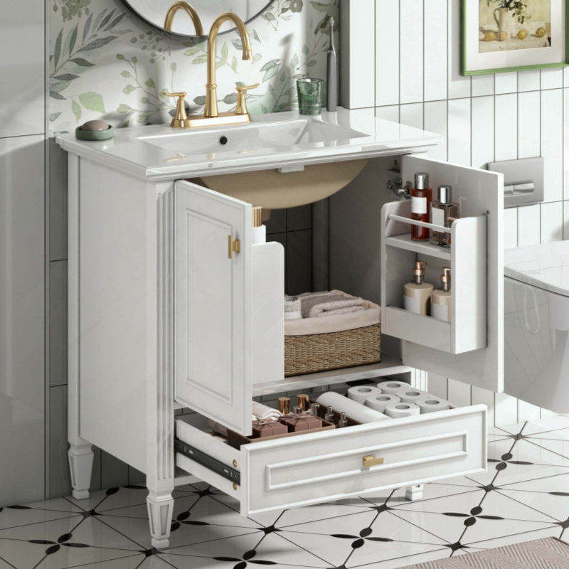 Meuble-lavabo de salle de bain avec lavabo, meuble-lavabo autoportant avec 1 tiroir et 2 portes à fermeture en douceur avec rangement fixé à la porte, structure et pieds en bois massif, un paquet