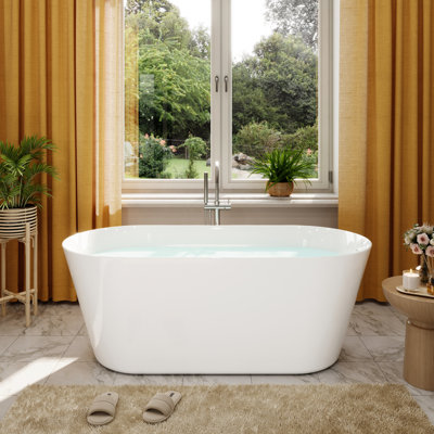 59'' x 27.5'' Freestanding Soaking Acrylic Bathtub With Side Drain,Reinforced Slim Apron Design