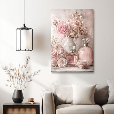 Vintage “Pink Flowers & Perfume Bottles (Soft Tone)” Blush Floral Perfume Canvas Wall Art Stretched Frame for Cozy Studio