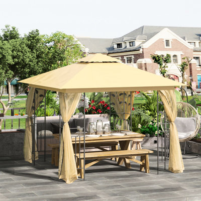 Pavillon de jardin extérieur beige avec auvent double et cadre d'angle, 10 pi de largeur pour le jardin, la pelouse, la cour, la terrasse en beige, matériaux Design