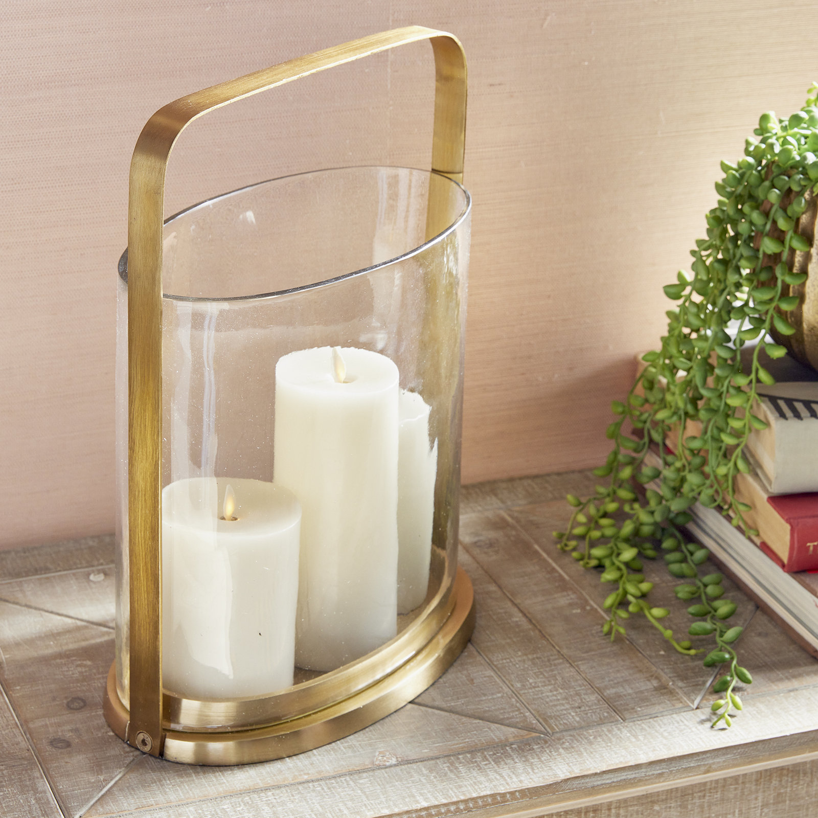 Glass Hurricane Candle Holder, 15.5” H x 12” W x 7.7” D, 3