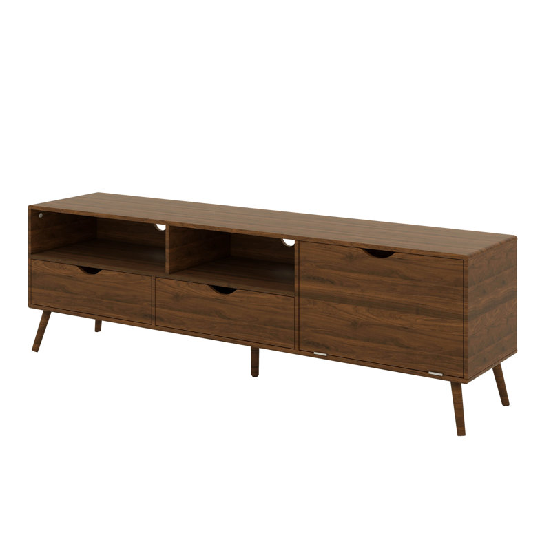 Meuble télé Mid-Century moderne, meuble multimédia avec 2 tiroirs, porte rabattable
