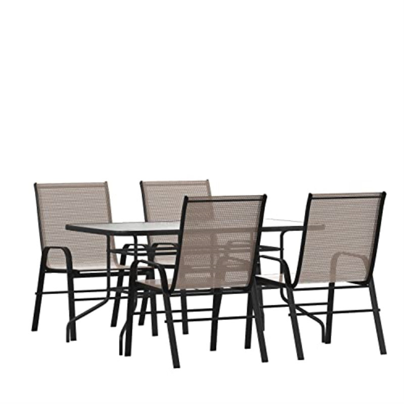 Elgin Patio Dining Set with Glass Table and Flex Stack Chairs, Brown, 4