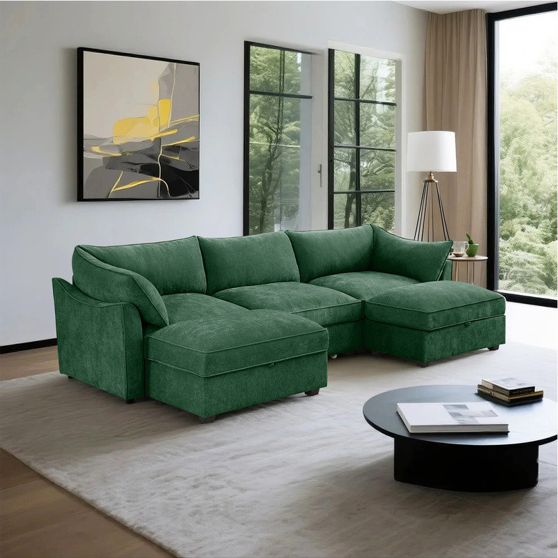 U-Shaped Sectional Sofa with Ample Storage & Ottomans, Green Chenille