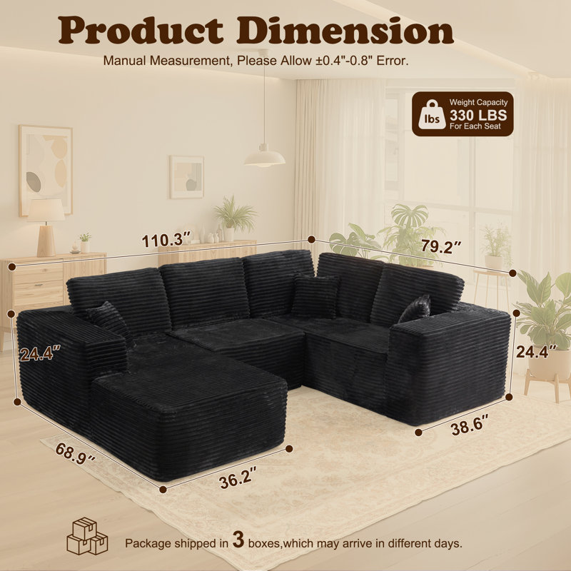 Cloudelle 3-Piece U-Shaped Plush Corduroy Sectional Sofa – No Assembly Required, Black Corduroy