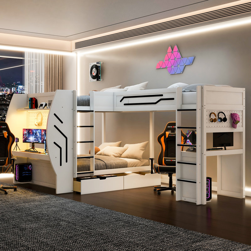 Lit superposé de jeu en L 3 en 1, double et double, bureaux intégrés, station de charge, échelles, tiroirs, panneau perforé, lumière DEL, blanc