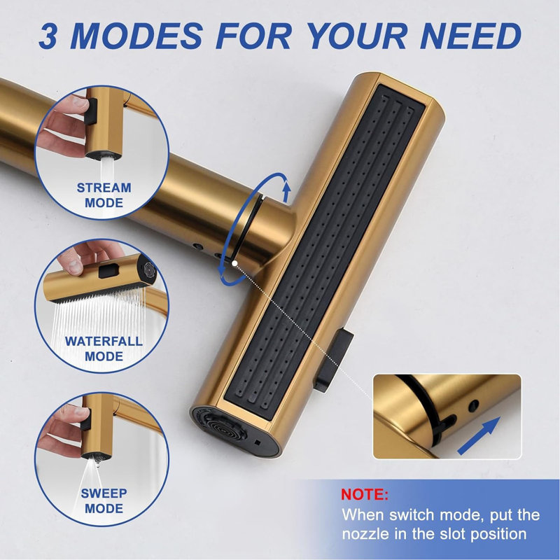 Modern Single Hole Commercial Kitchen Faucet - Waterfall Design & Pull Down Sprayer Sink Faucet, Gold, No Sensor
