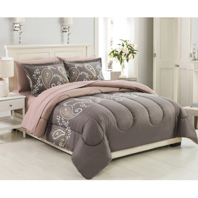 Marina Decoration Home Decor Bedding Comforters Duvet Soft Fluffy Goose Down Alternative Bed In A Bag BIAB 7 Piece Printed Comforter Set with 4 Piece Sheet Set, Taupe Floral Paisley Pattern King Size