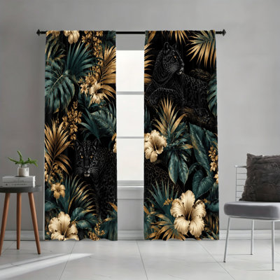 2PCS Black Panther Tropical Leaves Floral Pattern Light Filtering Curtains, Exotic Jungle Botanical Decor, Rod Pocket Window Drapes for Living Room, Bedroom, Dining Room and Cafe