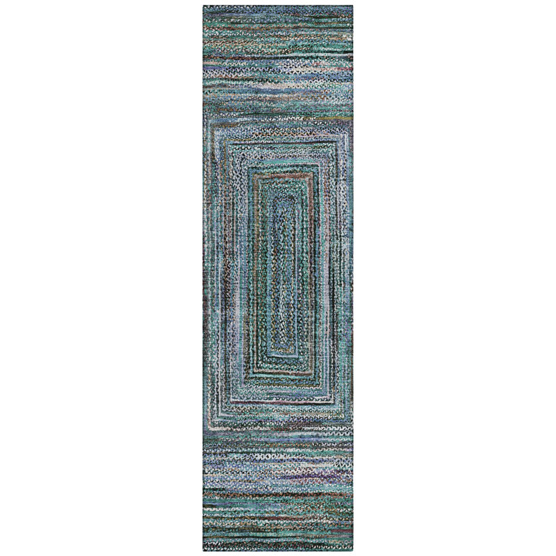 Teal Synthetic Washable Geometric Indoor/Outdoor Rug 2'3" x 7'6"