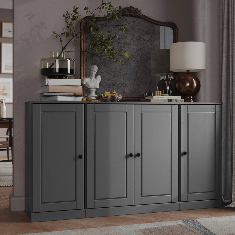 Buffet 65% en bois massif Kweku avec portes surélevées et tablettes réglables, Gris